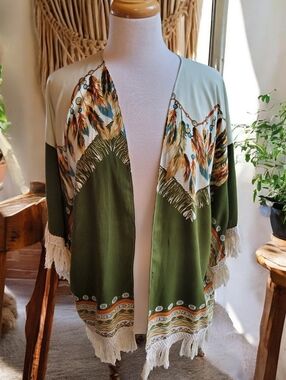 Selfie Coutour By Trendology Olive Green Fringe Open Kimono with Feather Print